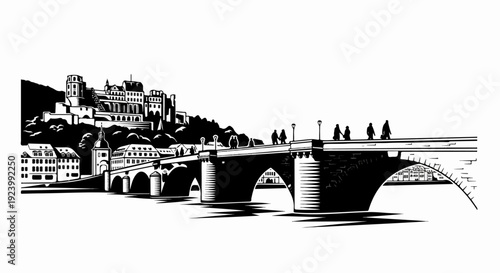 Stylized black and white depiction of an arched stone bridge crossing a river with a castle on a hill