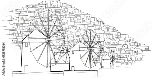 Sketch of whitewashed buildings on a hillside with windmills