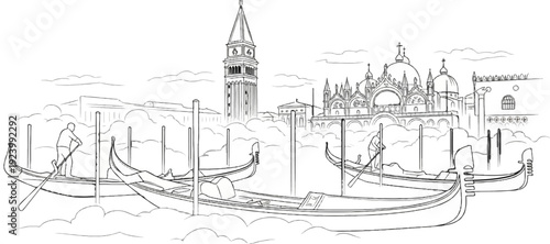Sketchy illustration of gondolas navigating through Venetian canals under cloudy skies