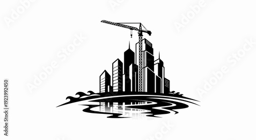 Stylized black and white cityscape with a crane and reflective water