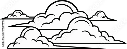 Stylized black and white drawing of fluffy clouds in a layered formation