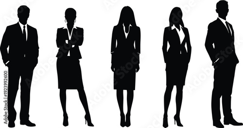 PrintBusiness professional silhouettes, corporate team, men and women, suits, skirts, high heels, briefcases, office, career, leadership, confidence, organization, teamwork, vector illustration