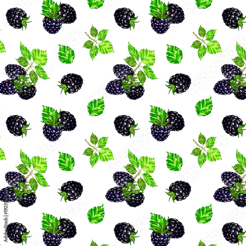 Black blackberry with green leaves.Vector seamless pattern with blackberries on a transparent background.