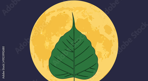 A green leaf rests on a large moon in the dark night sky with space