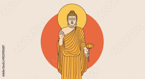 Buddha statue meditates peacefully in serene natural scenery with temple ruins nearby