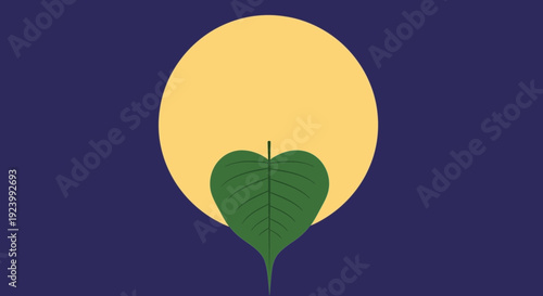 A large yellow moon shines over a green leaf against a dark blue night sky
