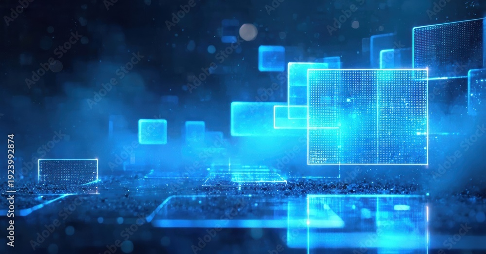 Obraz premium Abstract digital landscape. Glowing blue squares float above textured surface. Futuristic scene evokes technology, data streams, innovation.