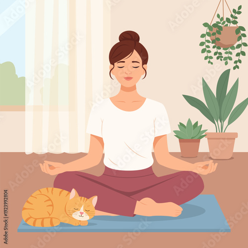A young woman meditating on a yoga mat at home. Woman sitting in lotus pose with closed eyes and relaxed smile. Sleeping ginger cat nearby on the mat. Vector Illustration