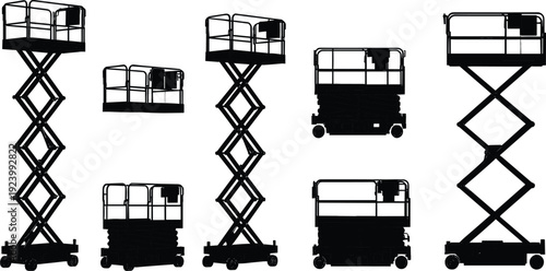 Set of Mobile Scissor Lift Platform Silhouettes in Various Heights and Positions Isolated on White Background