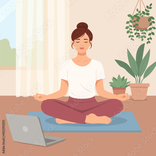 A young woman meditating on a yoga mat at home. Fitness, yoga internet course, distance class.Online sport activity. Sport stream, virtual coach, teacher. Vector illustration