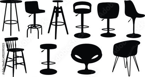 Set of Modern Bar Stool and Chair Silhouettes in Various Designs Isolated on White Background
