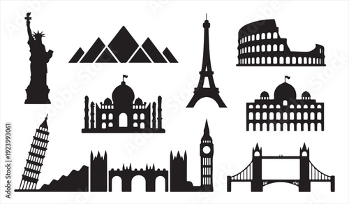 Global Travel Landmark Silhouettes in Minimal Black Vector Style