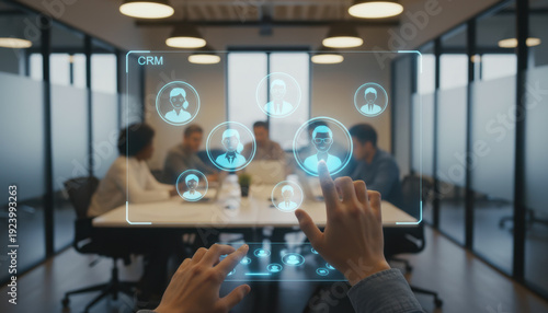 Wallpaper Mural Futuristic Team Collaboration with Holographic Interface in Conference Room Torontodigital.ca