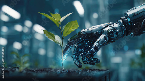 Sophisticated robotic hand touching a small green plant in a high-tech laboratory, artificial intelligence in agriculture and biotechnology concept