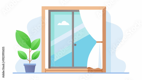 Flat illustration of open window with curtains and potted plant inside cozy room interior with blue sky view