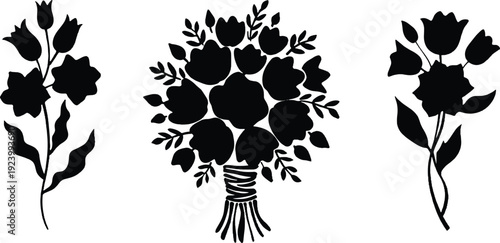 Black floral silhouette set, bouquet and individual flowers, botanical vector illustration isolated on white background design element decoration clipart collection