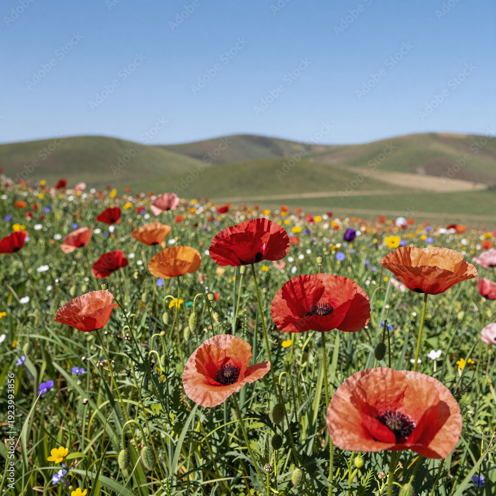 Obraz premium monochrome, sunny meadow with poppies and vibrant wildflowers blooming in a summer idyllic nature scene