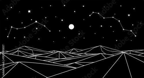 Stylized geometric mountains under a starry night sky with constellations and moon