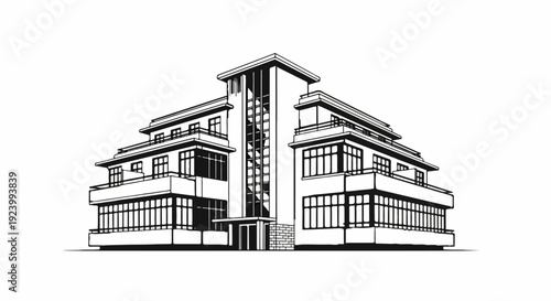 Stylized, geometric building with multiple levels and balconies, set against white