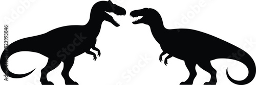 Tyrannosaurus rex silhouette facing each other, dinosaur vector illustration, prehistoric animal clipart, isolated black T rex design element
