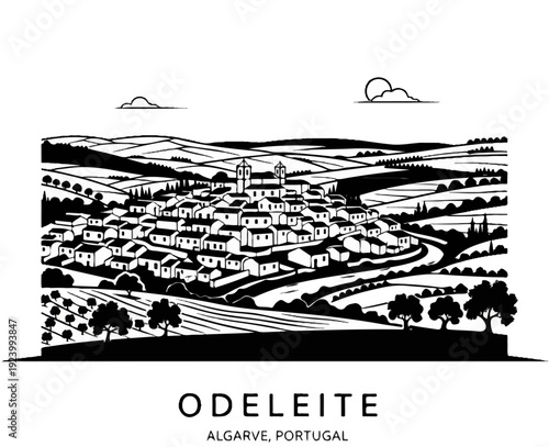 Stylized black and white landscape of a hilly village under a cloudy sky