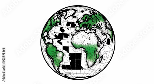 Stylized globe graphic with shaded landmasses and gridded ocean areas