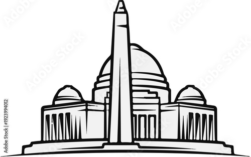 Stylized graphic of a monumental building with a central tower and domes