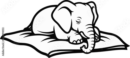 Stylized cartoon elephant sleeping peacefully on a plush cushion