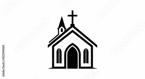 Stylized black and white graphic icon of a church with steeple and cross