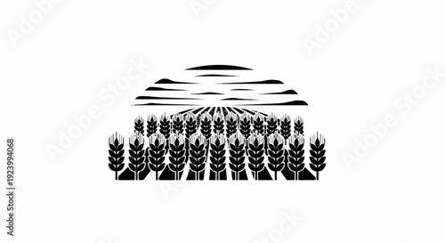 Stylized black and white field of wheat under a banded sky