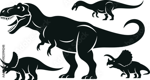 Dinosaur silhouette vector set, T rex and triceratops prehistoric reptile collection isolated on white background for design