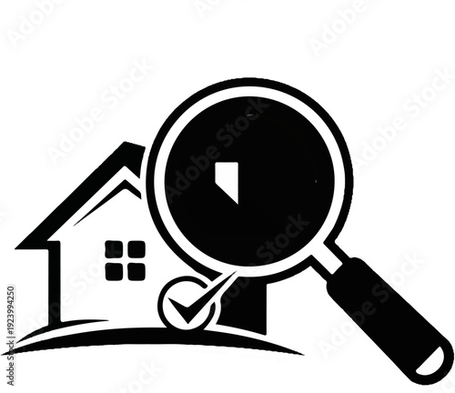 Stylized house under a magnifying glass with a checkmark