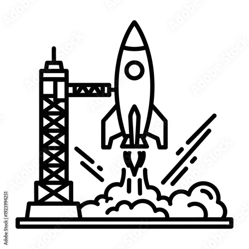 A rocket launching into the sky with a launchpad