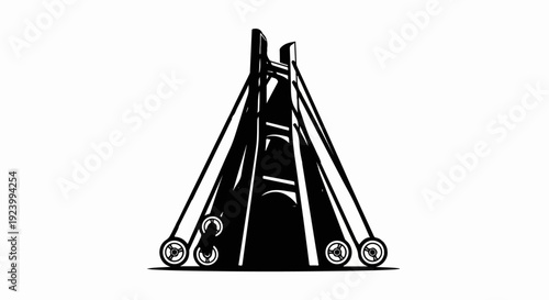 Stylized black and white graphic of a conical structure with wheels