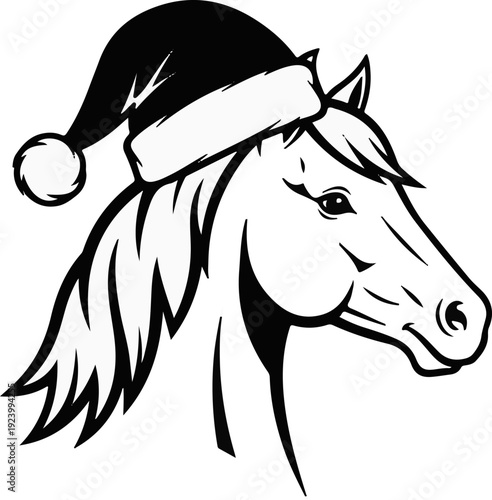 Stylized horse head wearing a festive Santa hat, black and white line art