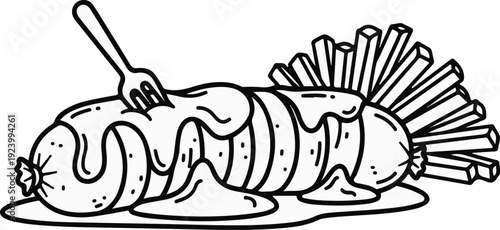 Sliced sausage with fries and sauce, fork piercing top