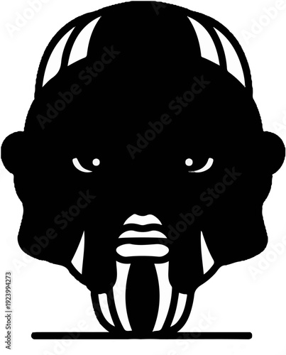 Stylized black and white graphic of a face with stripes on chin and forehead