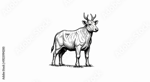 Stylized bovine creature with antlers stands on grass