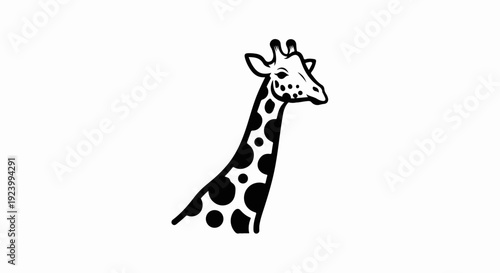 Stylized black and white graphic of a giraffe's head and long neck