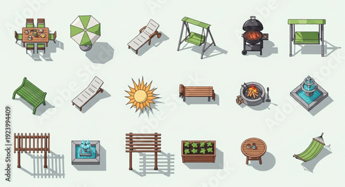 Collection of outdoor furniture items, perfect for garden and patio decoration, top view.
