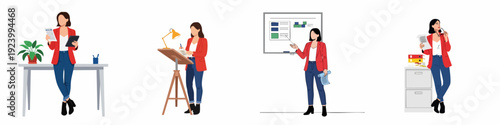 A professional woman in various office and business roles, including working, presenting, and reviewing documents, illustrating her diverse modern workflow.