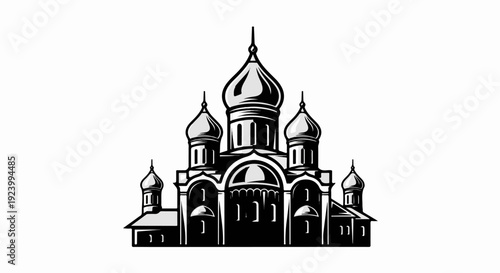 Stylized illustration of a grand cathedral with onion domes