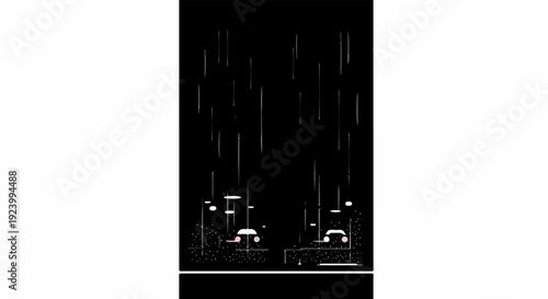 Stylized illustration of a dark night with falling rain and illuminated street lamps