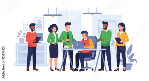 Diverse Business Team Collaboration in Modern Office. Professionals Working Together on Projects, Meetings & Customer Support. Flat Vector