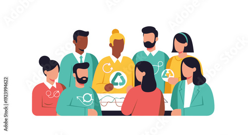 Diverse Business Team Collaborating on Circular Economy and Sustainability Initiatives with Data Analytics