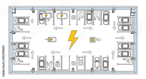 Electric vehicle charging station layout with multiple parking spaces and cars.