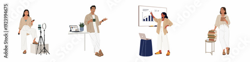 Diverse professionals engaged in online education, content creation, and business presentations, showcasing digital learning, teaching, and modern workplace communication.