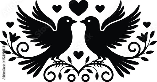 Romantic love birds silhouette with spread wings, decorative floral ornament design isolated on white background vector illustration