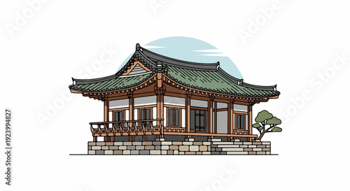 Stylized illustration of a traditional wooden Korean pavilion with a tiled roof