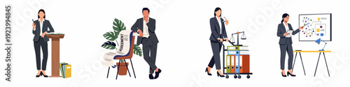 Diverse legal professionals in professional settings: conducting presentations, analyzing agreements, and upholding justice, depicting modern law and business concepts.